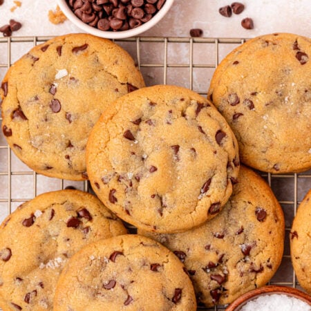 Overhead of Grandma's chocolate chip cookies on a wire rack.