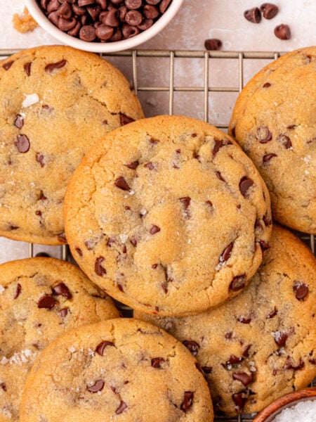 Overhead of Grandma's chocolate chip cookies on a wire rack.