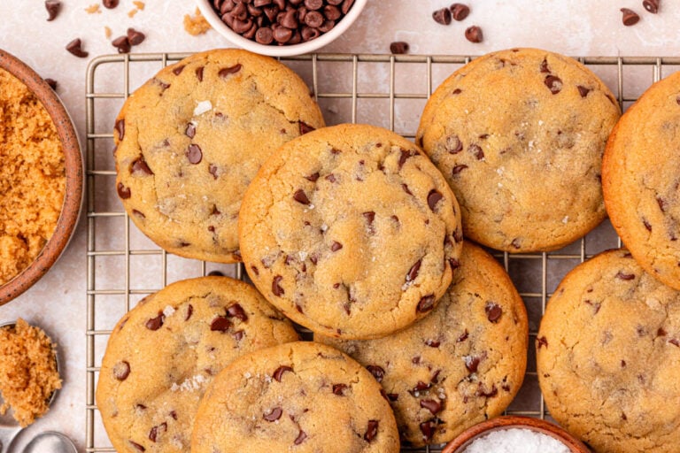 Overhead of Grandma's chocolate chip cookies on a wire rack.