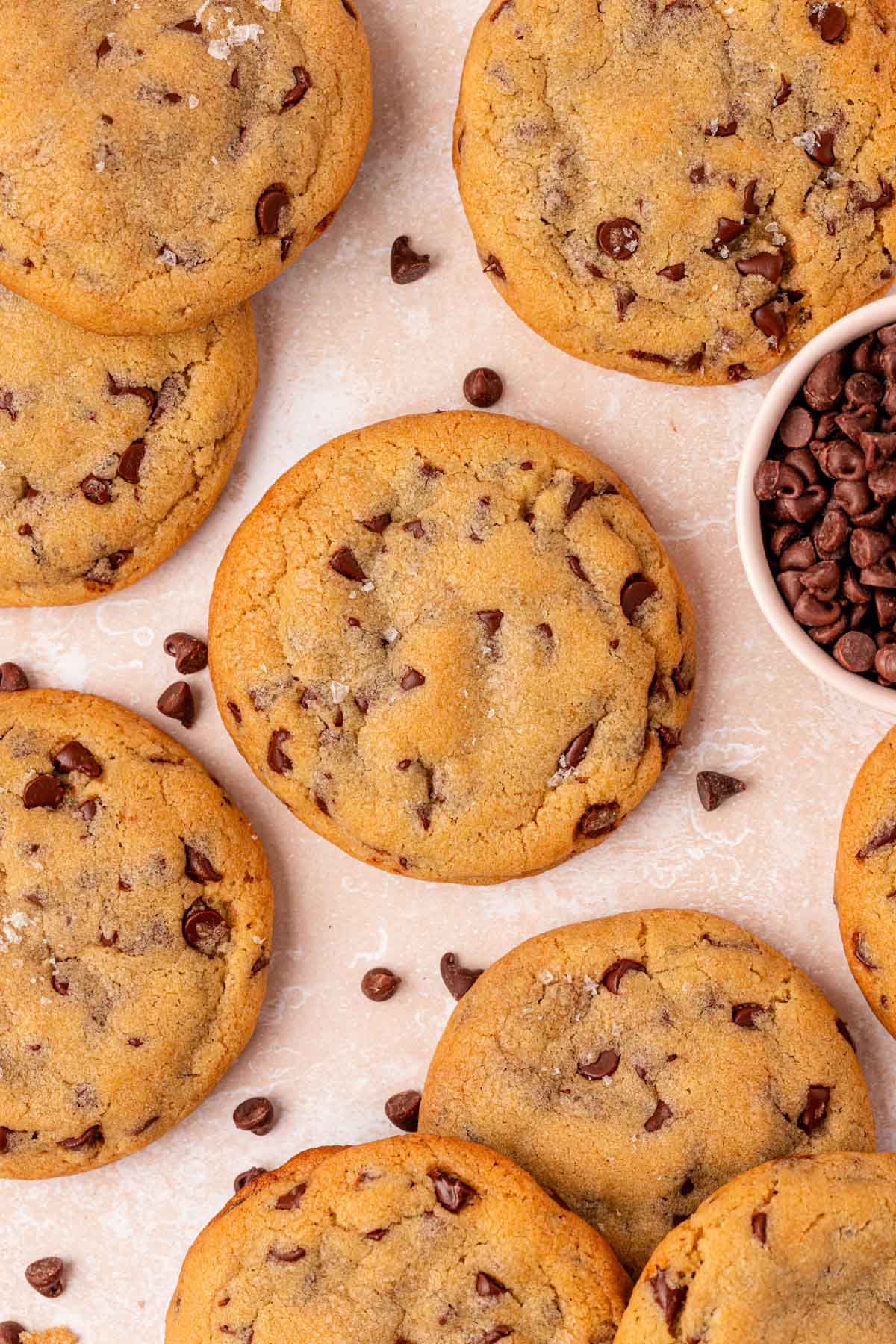 Overhead photo of chocolate chip cookies on a table.