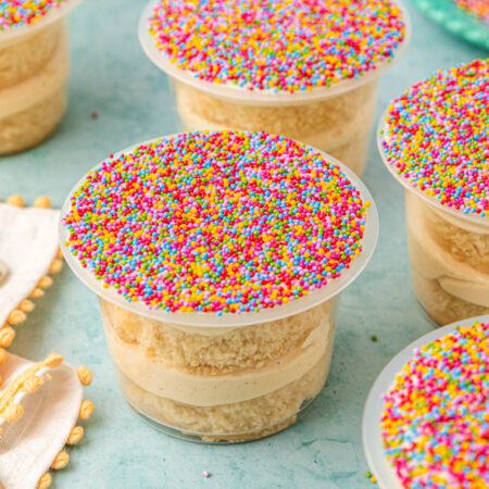 Dot cakes on a blue table.