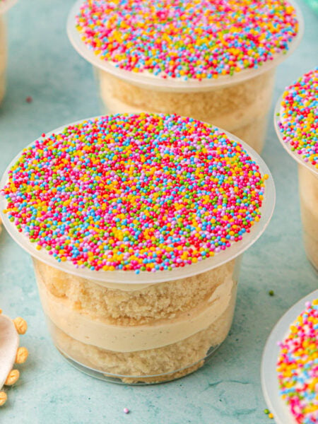 Dot cakes on a blue table.