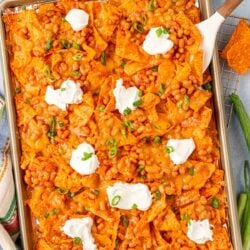 Overhead photo of a pan of Margot Robbie's Nachos.