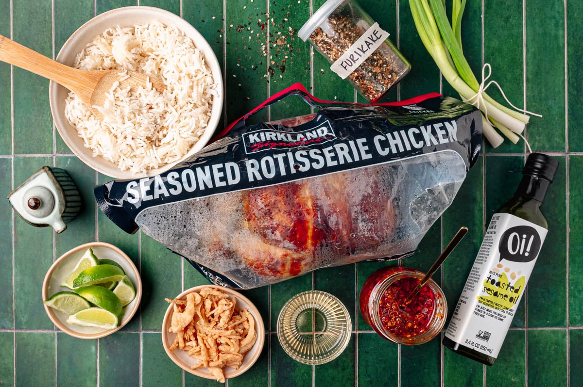 Ingredients to make the viral rotisserie chicken and rice bag recipe.