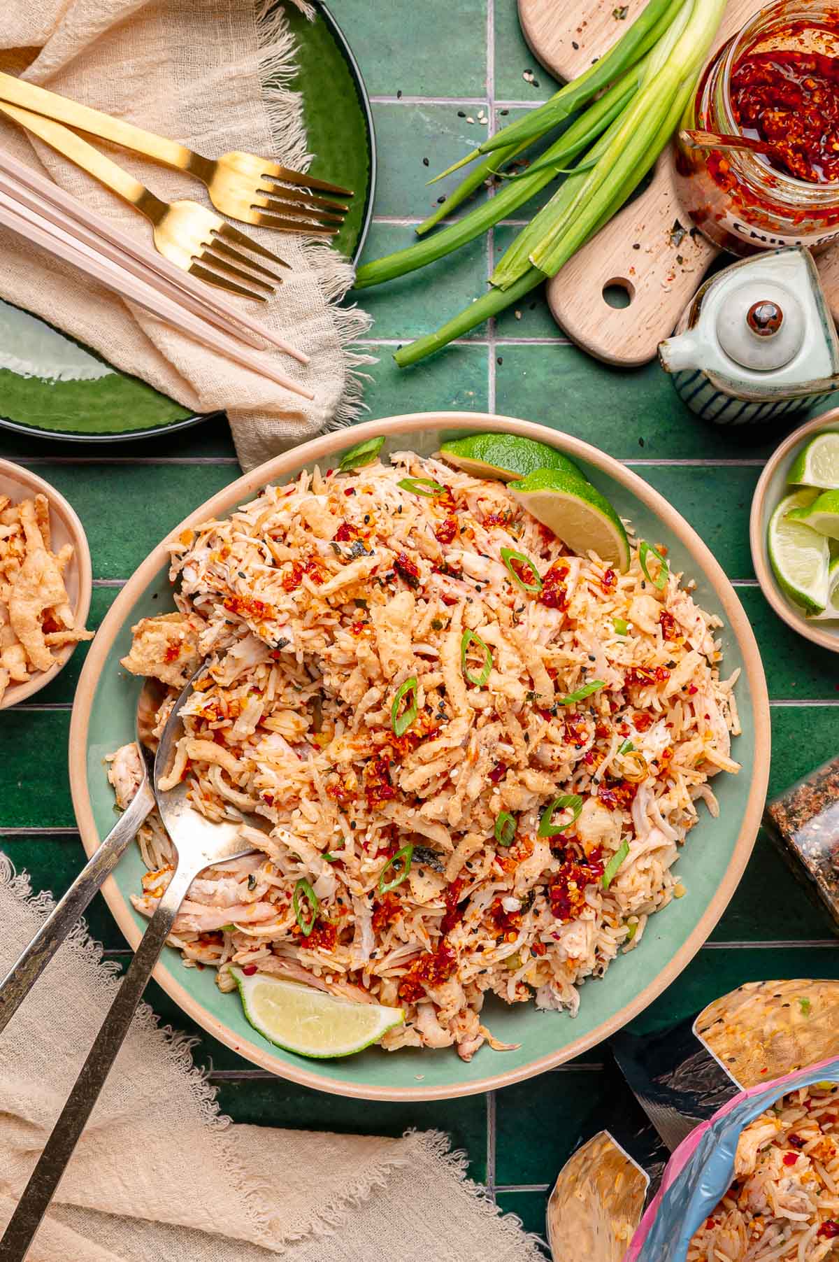 Viral asian chicken and rice in a green bowl.