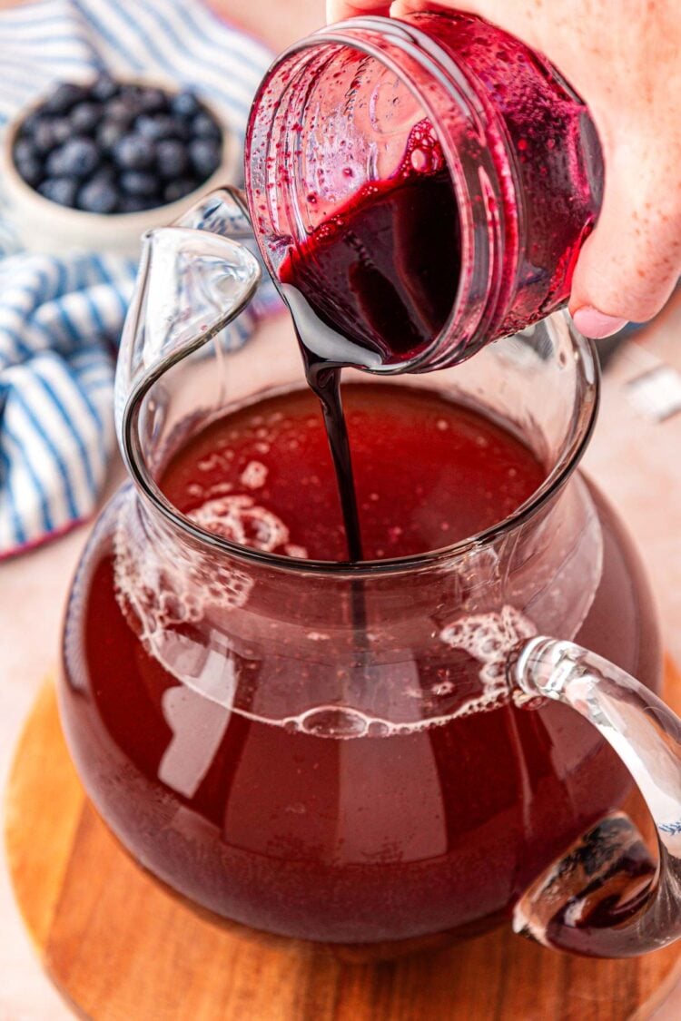 Add blueberry syrup and lemon juice to the pitcher of tea.
