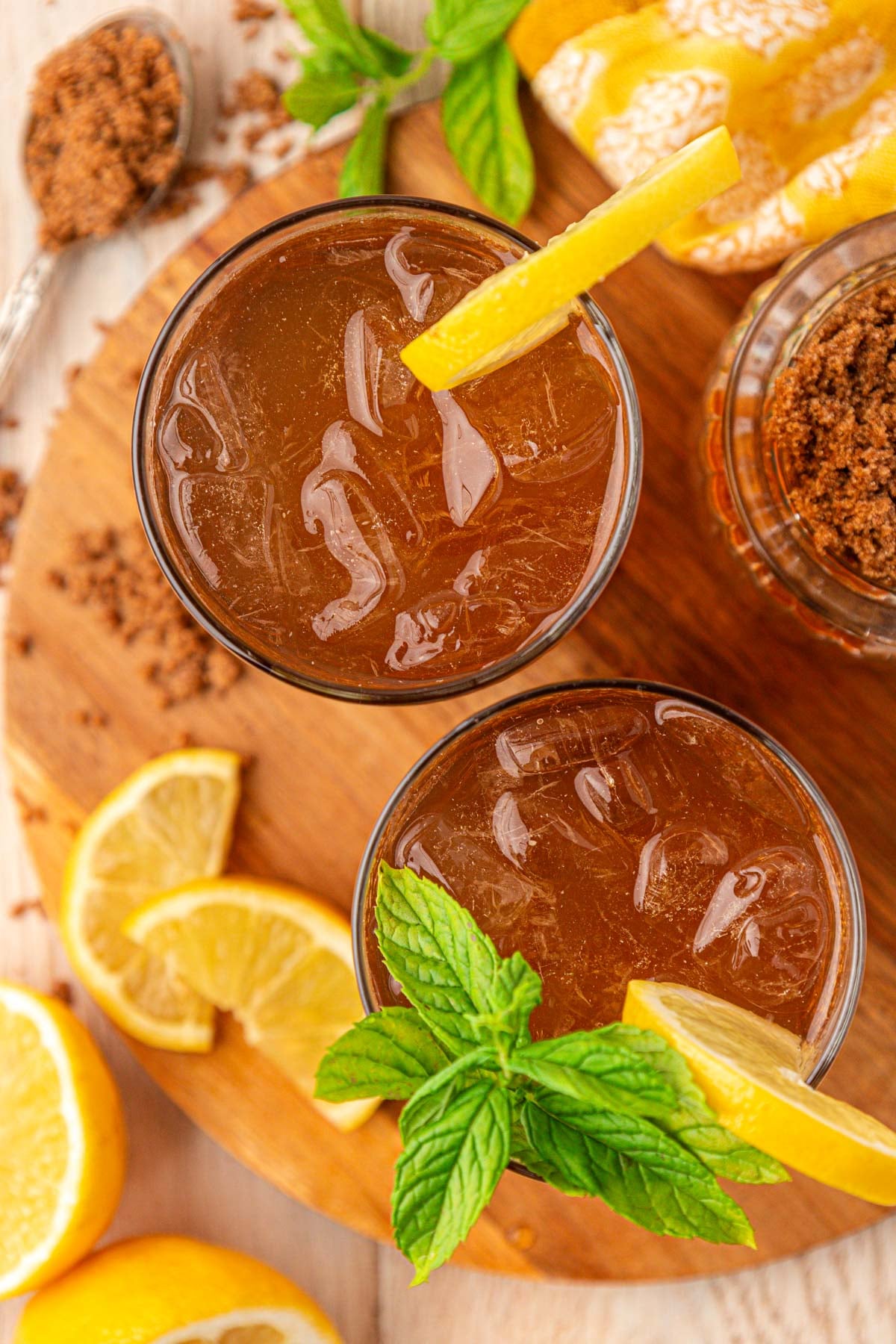 Overhead photo of two glasses of brown sugar lemonade.