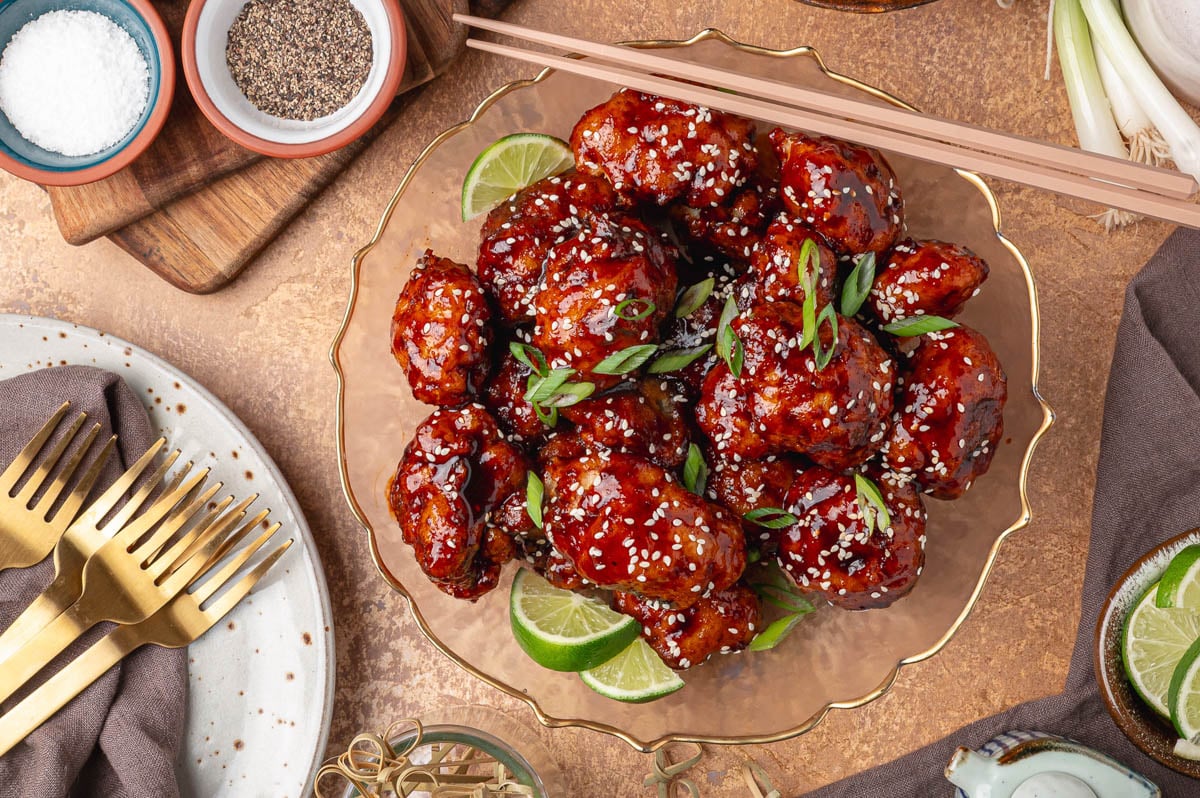 Overhead photo of a glass plate filled with Korean Fried Cauliflower.