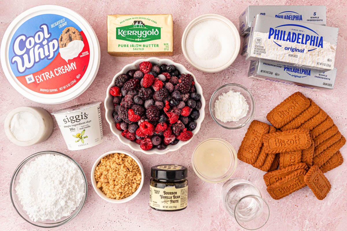 Ingredients to make upside down cheesecake on a table.